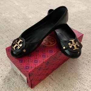 Tory Burch Aaden Ballet Tumbled Patent Grain Calf Veg Leather Black 6.5